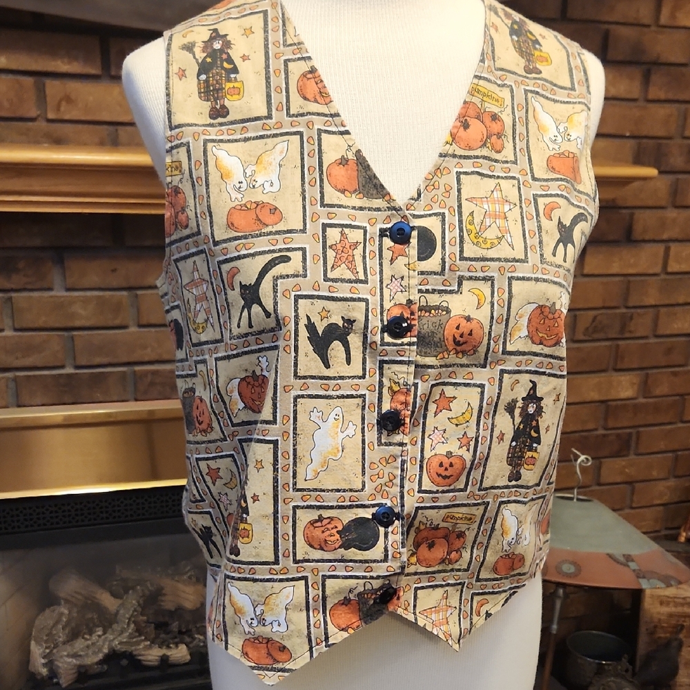 Halloween Themed Button-Up Vest Fall Autumn Handmade teacher witch black cat